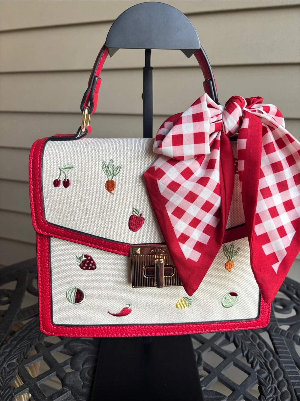 ALDO Red & Cream Fruit Embroidered Top-Handle Satchel Bag with Gingham Scarf/Bow